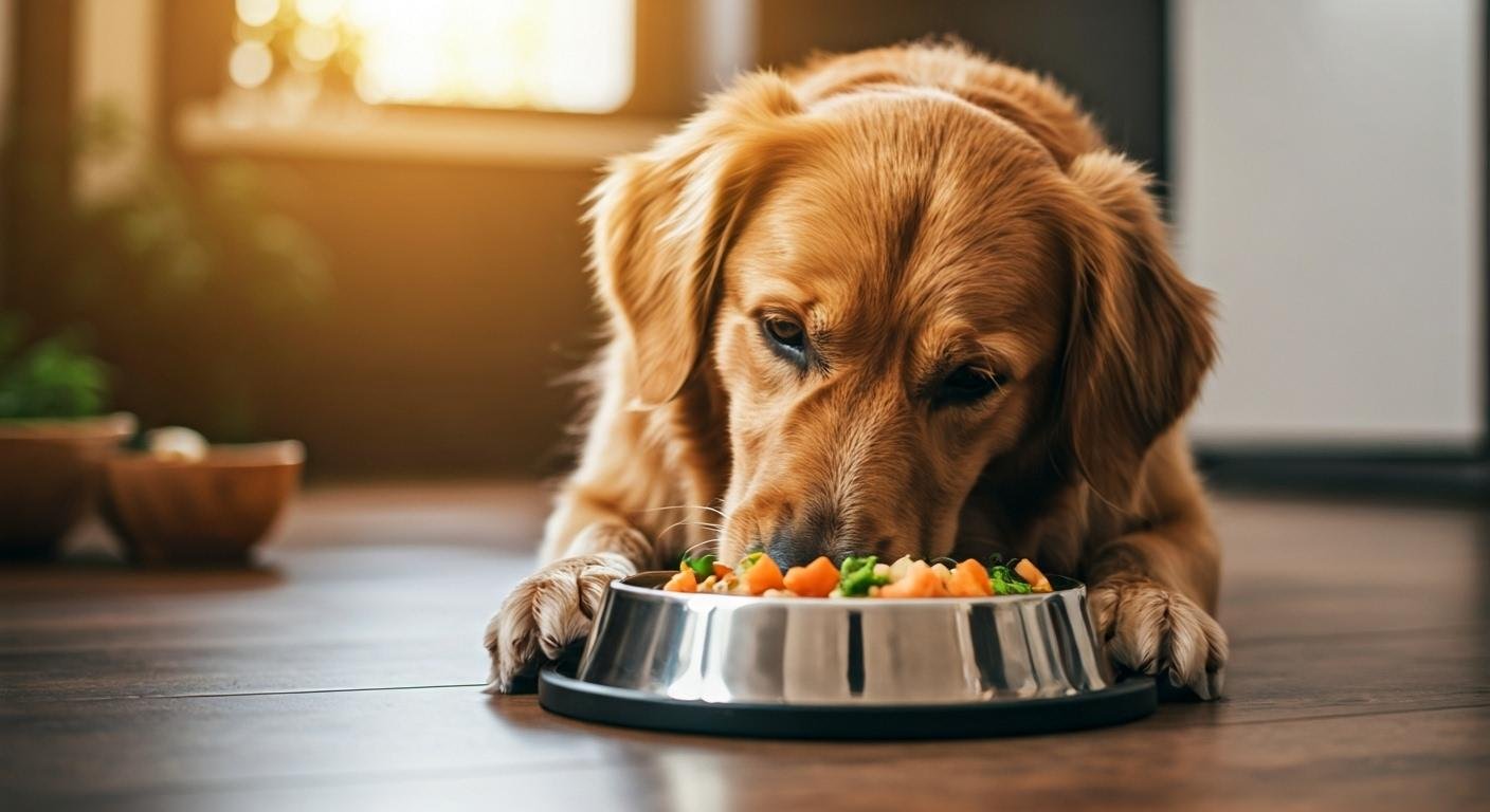 Cão diante de uma refeição