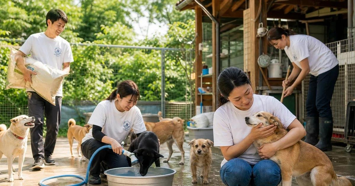 Cuidadores acolhendo e cuidando de cães